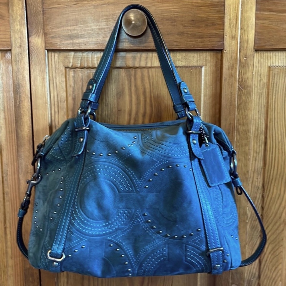 Coach Teal Shoulder Bag with Stud Accents Suede